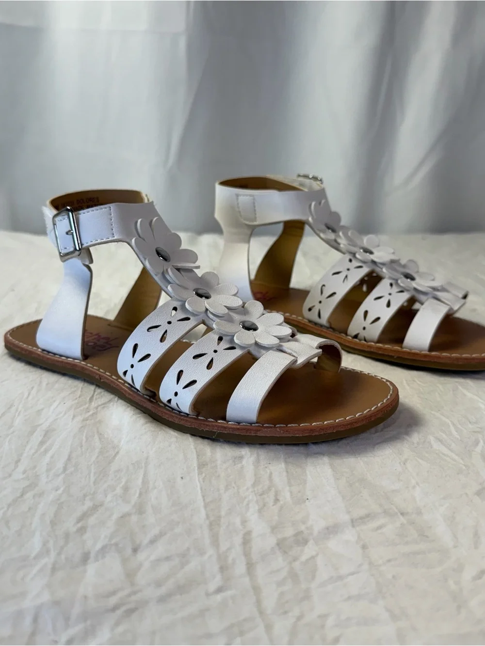 Girls sz2 White Floral Gladiator Sandals with Ankle Velcro Buckle Summer Dressy
